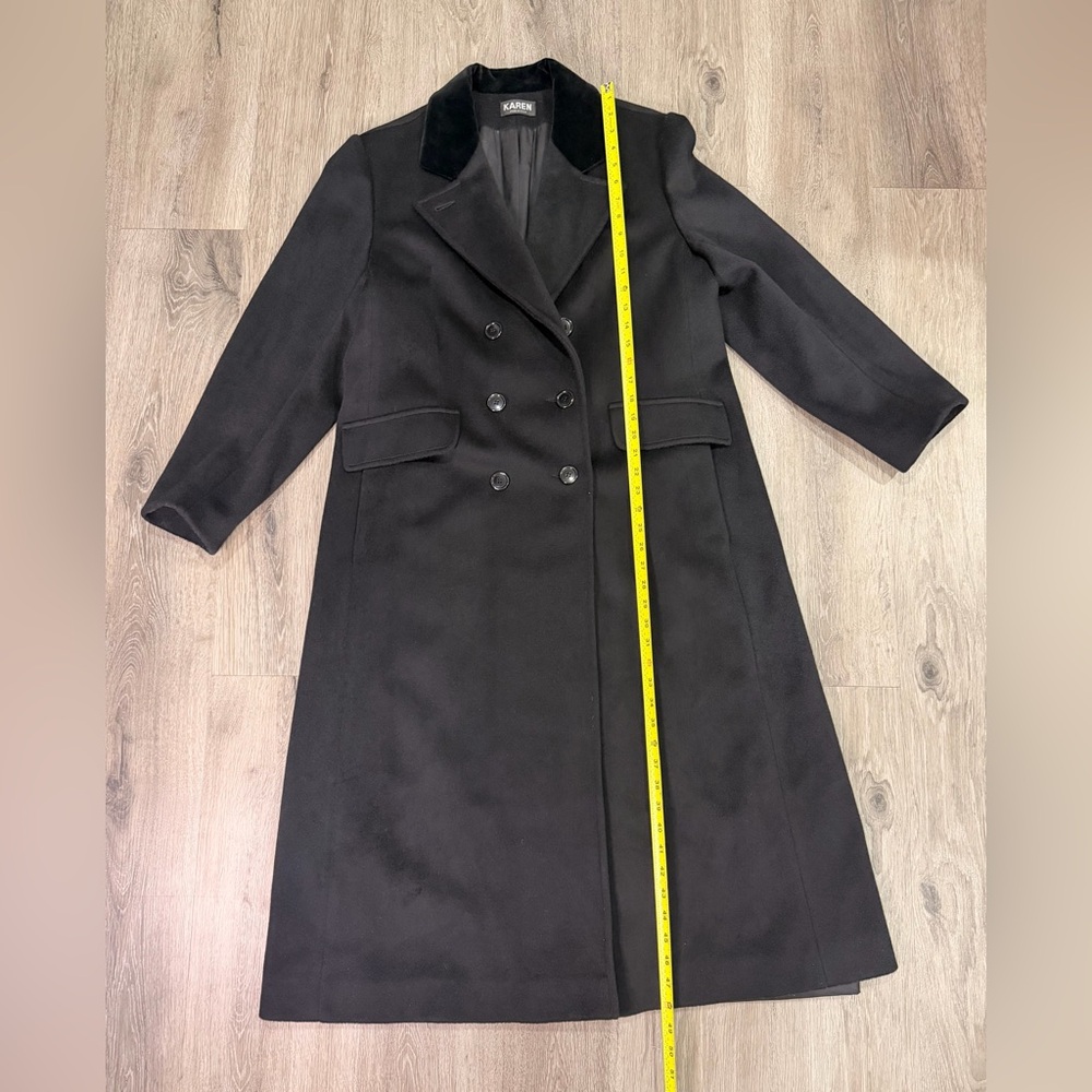 Women's Black Double-Breasted Pea Coat with Velvet Collar - Picture 2 of 9